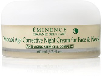 Valkoinen purkki sisältää Éminence Organic Skin Care -yönkerman kasvoja ja niskaa varten, merkinnällä anti-aging ja kantasoluyhdistelmä.