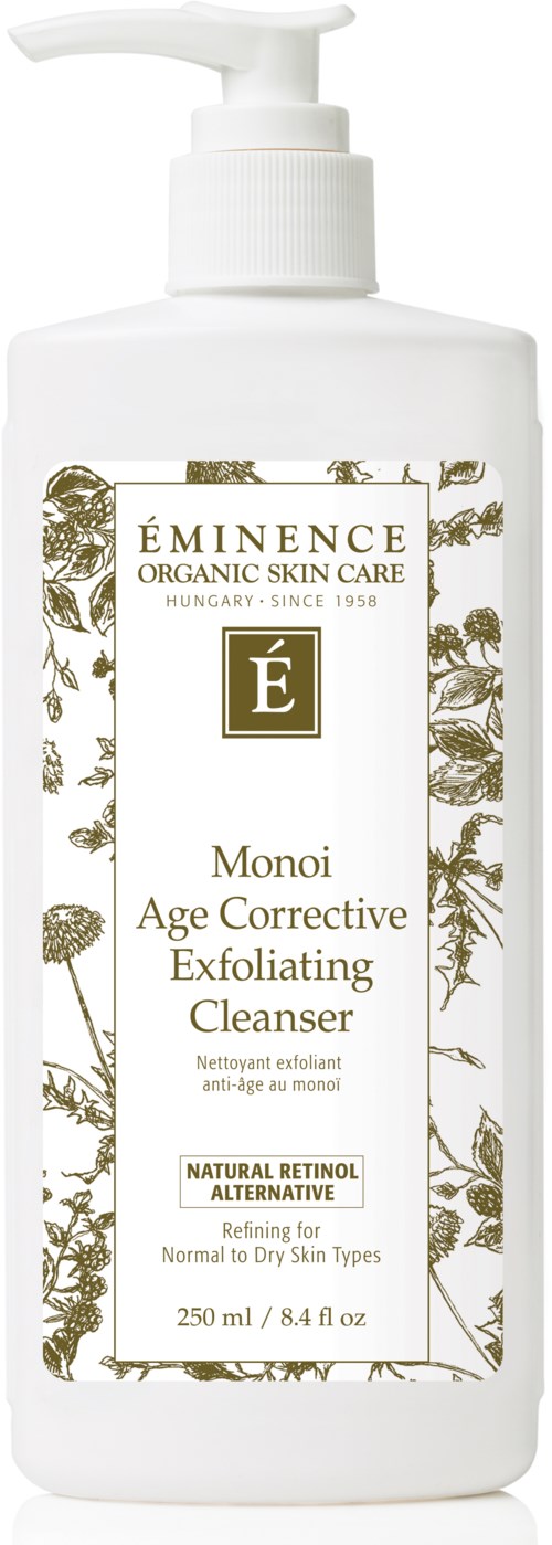 A white bottle with a pump, labeled 'ÉMINECE', for skincare. It says 'Age Corrective Exfoliating Cleanser' and is natural.