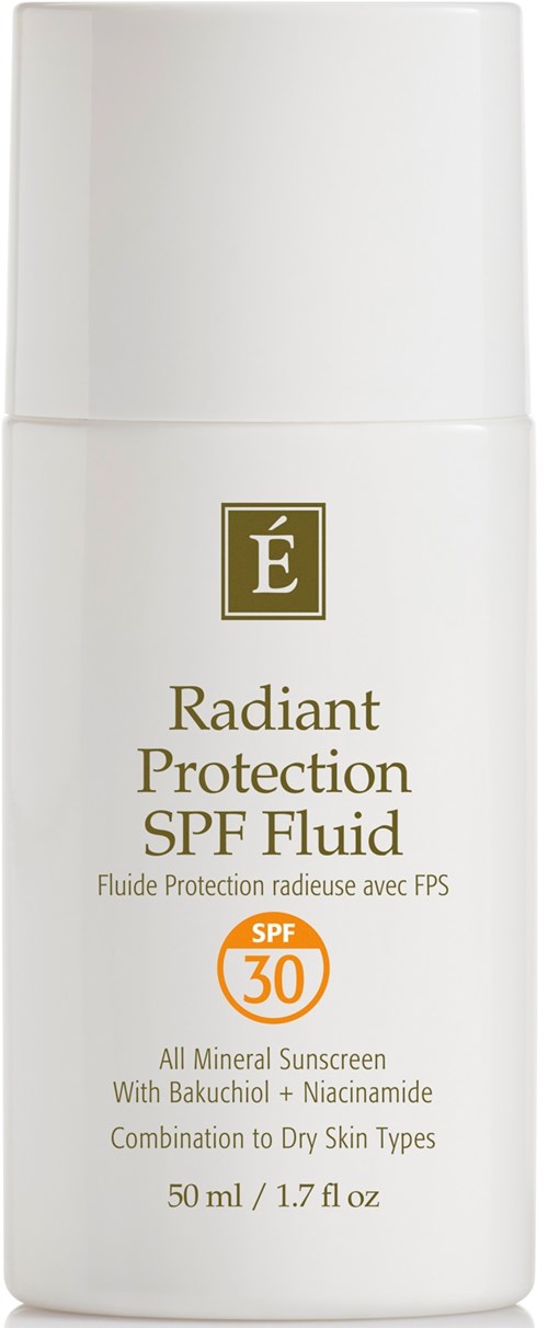 Valkoinen pullo Radiant Protection SPF Fluid SPF 30, sopii kuivalle iholle, sisältää luonnollisia ainesosia.
