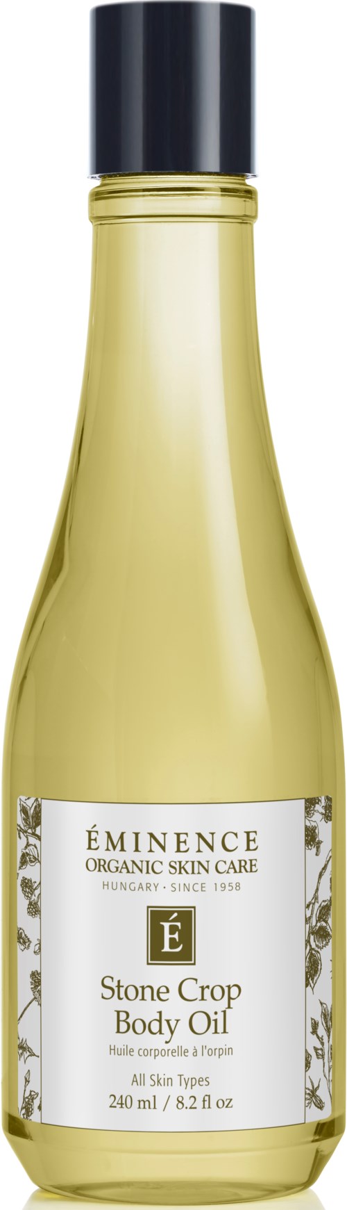Keltainen pullo Eminence Stone Crop Body Oil, musta korkki ja valkoinen etiketti. Sopii kaikille ihotyypeille.