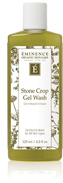 Vihreä pullo, jossa valkoinen korkki, etiketti sanoo Eminence Stone Crop Gel Wash, 125 ml, kaikille ihotyypeille.