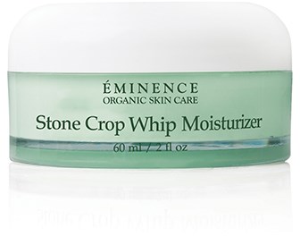 Vihreä purkki Eminence Stone Crop Whip Moisturizer ja valkoinen kansi.