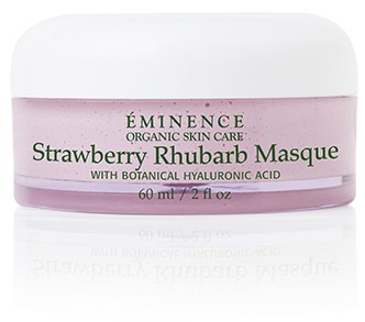 Ett rosa och vitt glasburk märkt ÉMINENCE Strawberry Rhubarb Masque med botanisk hyaluronsyra för hudvård.