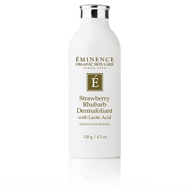 A white bottle with a silver cap. It has the brand name Eminence and describes it as a strawberry rhubarb exfoliant.