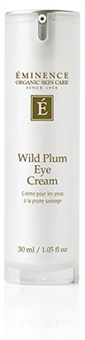 Valkoinen putki, jossa kultainen ja vihreä tarra, nimeltä 'Éminence Wild Plum Eye Cream,' 30 ml.