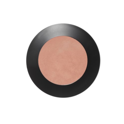 Een ronde make-up compact met beige poeder en een zwarte buitenkant.