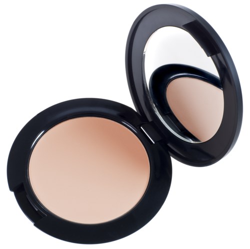 Een make-up compact met beige poeder en een kleine spiegel in deksel.