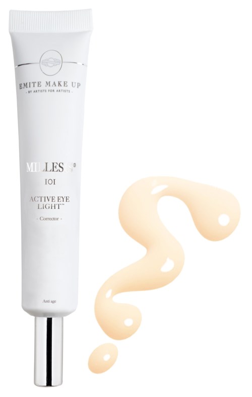 Een witte tube ooglichtcrème met een beige spiraal van crème ernaast.