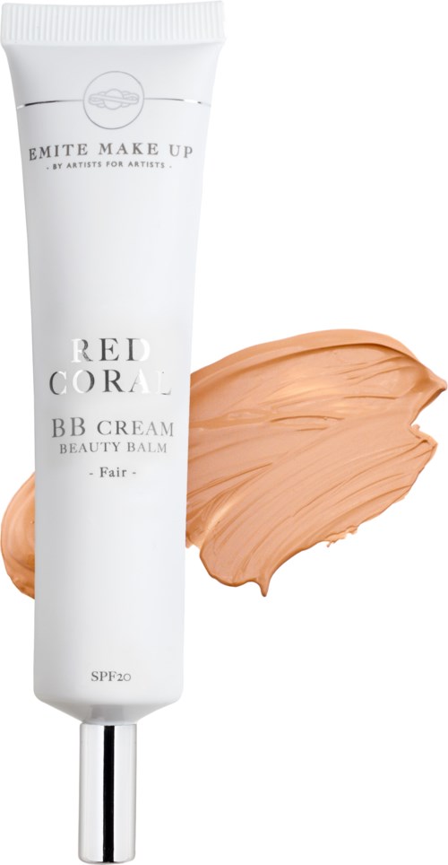 Een witte tube BB-crème met een perzikkleurige veeg ernaast. Op het label staat RED CORA BB CREAM BEAT BARM.