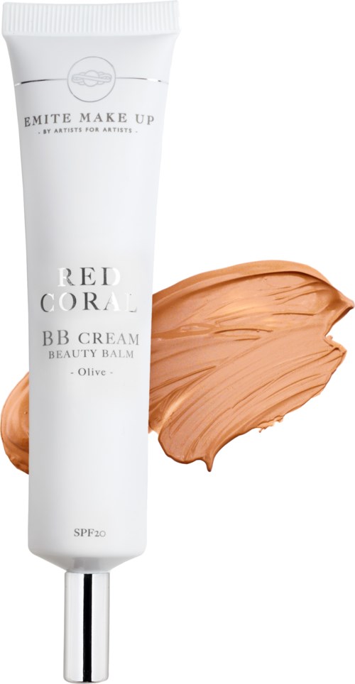Een witte tube met BB-crème en een beige zweem erachter. De tube heeft zwarte tekst en een zilveren dop.