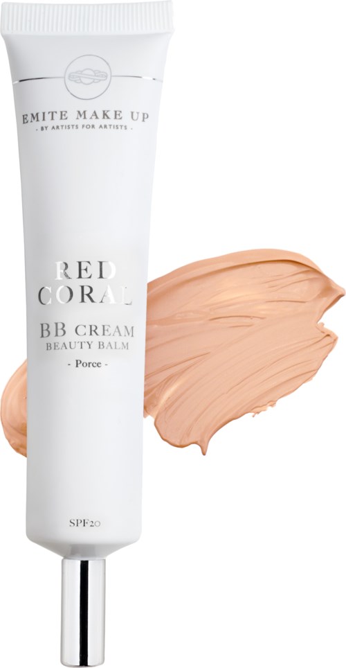 Eine weiße Tube BB-Creme mit beigeem Hintergrund, bezeichnet "Emite Make Up" und "Red Coral".