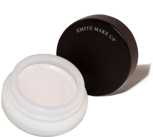 Een kleine witte pot met een zwarte deksel, met het label 'EMITE MAKE UP'.