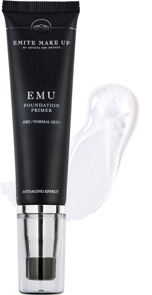 Een zwarte tube Emite Make Up EMU foundation primer met witte tekst en zilveren dop, met witte crème.