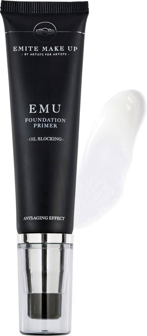 Een zwarte tube make-up primer, gemerkt EMITE MAKE UP, met witte en zilveren tekst, en wat product ernaast.