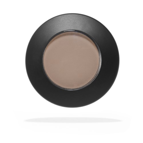 Een ronde container met beige make-up en een zwarte rand.