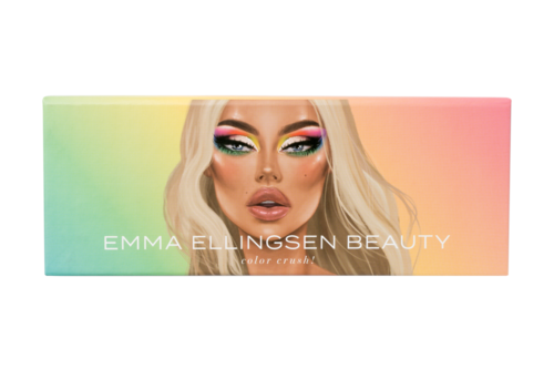 En banner för ett sminkmärke med en kvinna med färgglad ögonmakeup och blont hår, med varumärket 'Emma Ellingsen Beauty'.