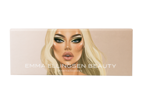 Ett sminkmärke med en kvinna med platinablont hår och smink, med texten 'EMMA ELLINGSEN BEAUTY'.