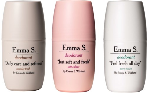 Three deodorant bottles in white, pink, and white, labeled with the brand Emma S. and various scents.