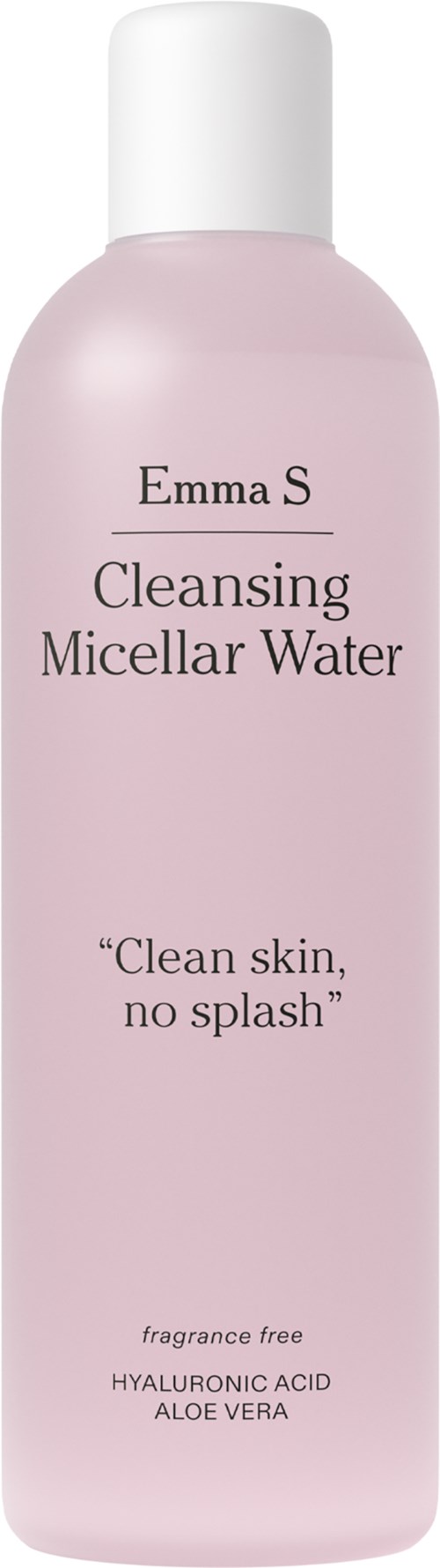 A pink bottle of Emma S cleansing micellar water with a white cap, labeled for skin cleaning and hydration.