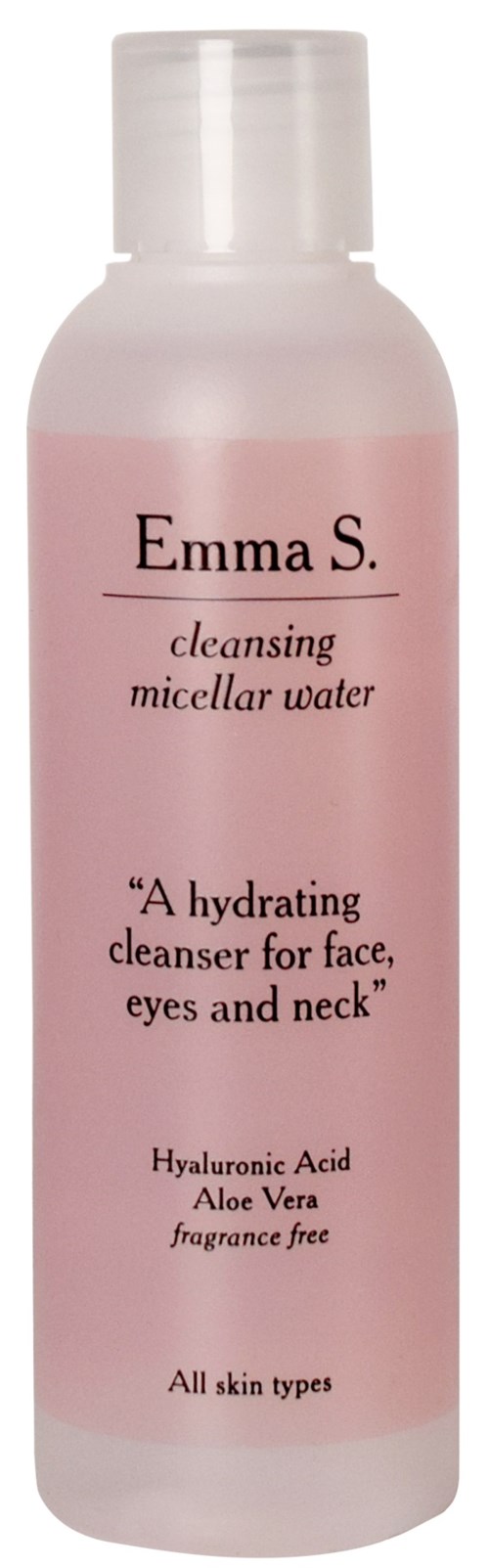 rosa flaska märkt Emma S. rengörande micellärt vatten, med ingredienser som hyaluronsyra och aloe vera, lämplig för alla hudtyper.
