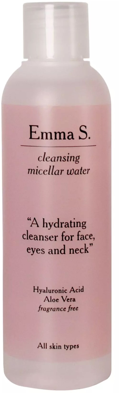 Pink bottle labeled Emma S. cleansing micellar water, hydrates face, eyes, neck, for all skin types, contains hyaluronic acid and aloe vera.