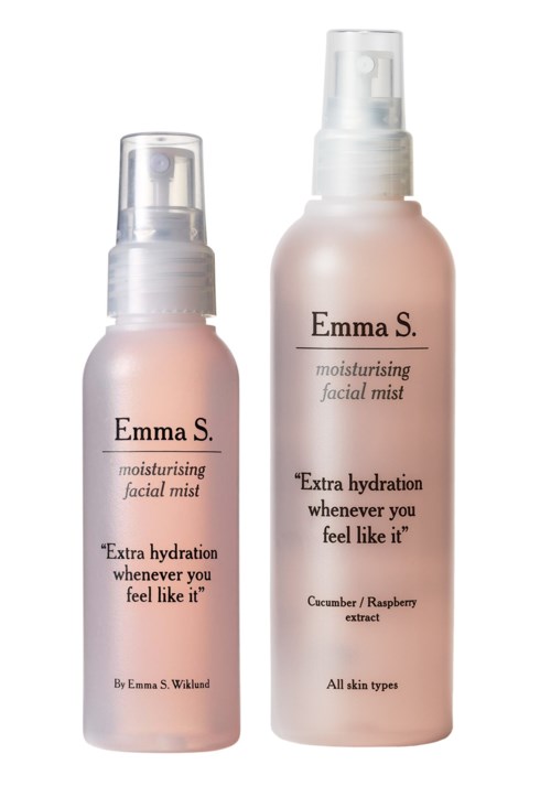 Two bottles of Emma S. moisturizing facial mist, one small and one large, with white spray caps and pink labels.