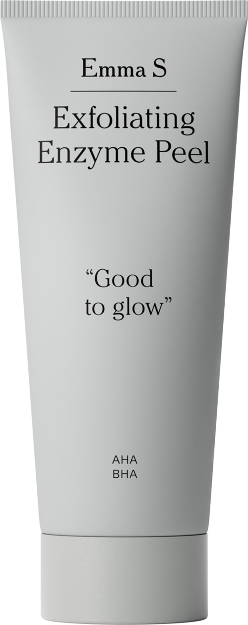 A white tube labeled 'Emma S Exfoliating Enzyme Peel' with a quote 'Good to glow' and ingredients AHA, BHA.