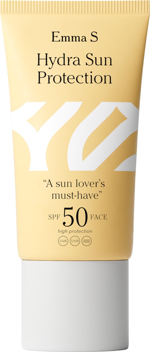 A sunscreen tube labeled Emma S Hydra Sun Protection with SPF 50 and high protection. Light yellow color with white and black text.
