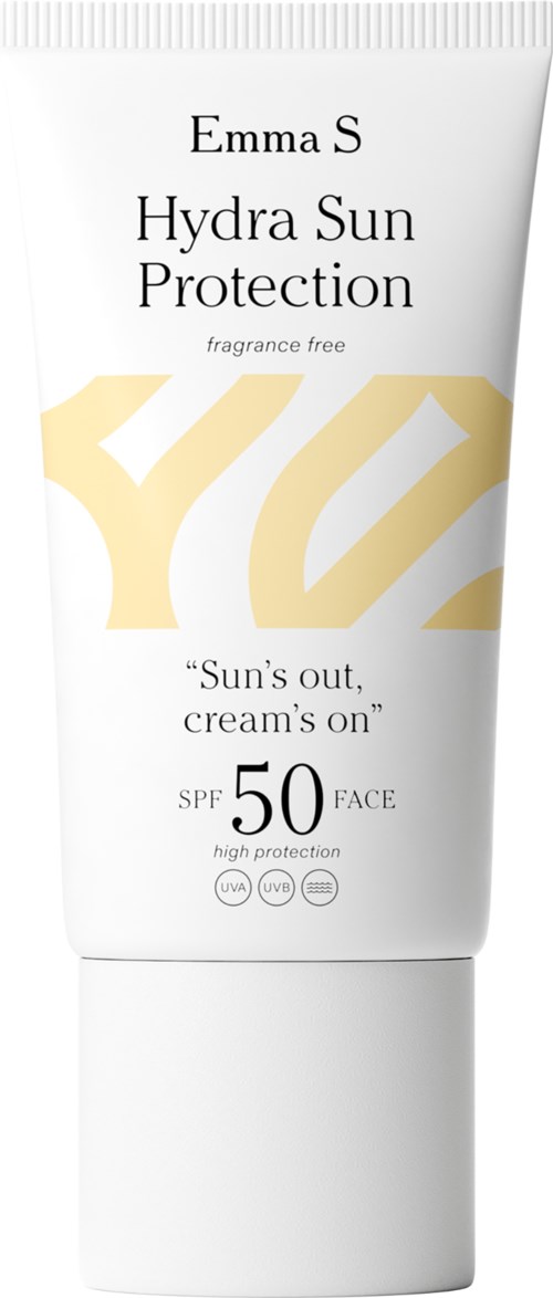 A white tube of Emma S Hydra Sun Protection sunscreen with SPF 50, fragrance-free, and a slogan about sun and cream.