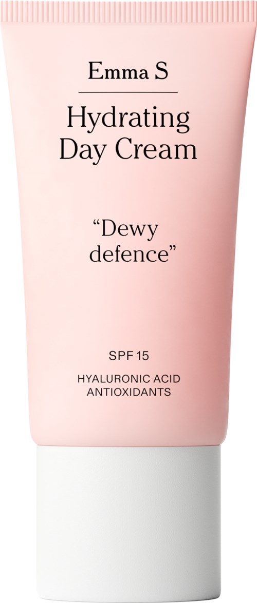 Pink tube med Emma S Hydrating Day Cream med SPF 15, hyaluronsyre, antioxidanter og en enkel design.