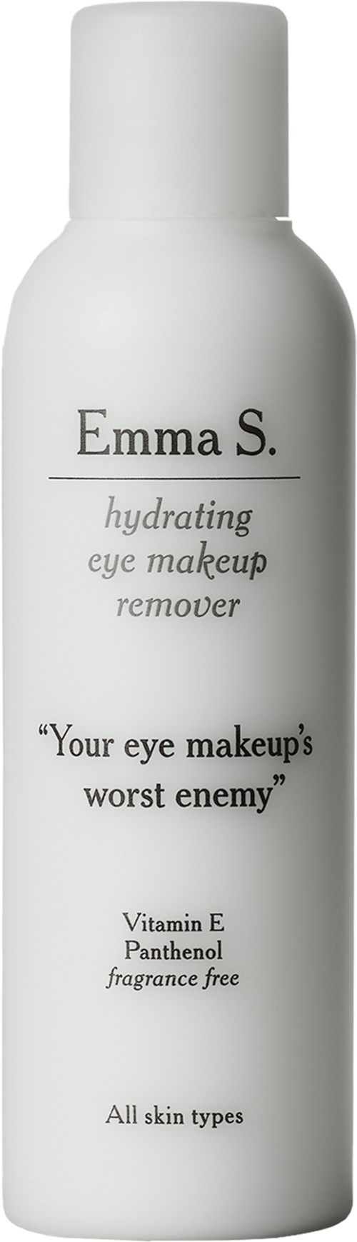 A white bottle with black text, labeled as Emma S. hydrating eye makeup remover, vitamin E, panthenol, fragrance free.