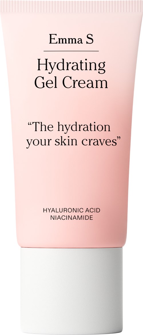 En rosa och vit tub märkt Emma S Hydrating Gel Cream med hyaluronsyra och niacinamide. Slogan: "Den återfuktning din hud längtar efter."