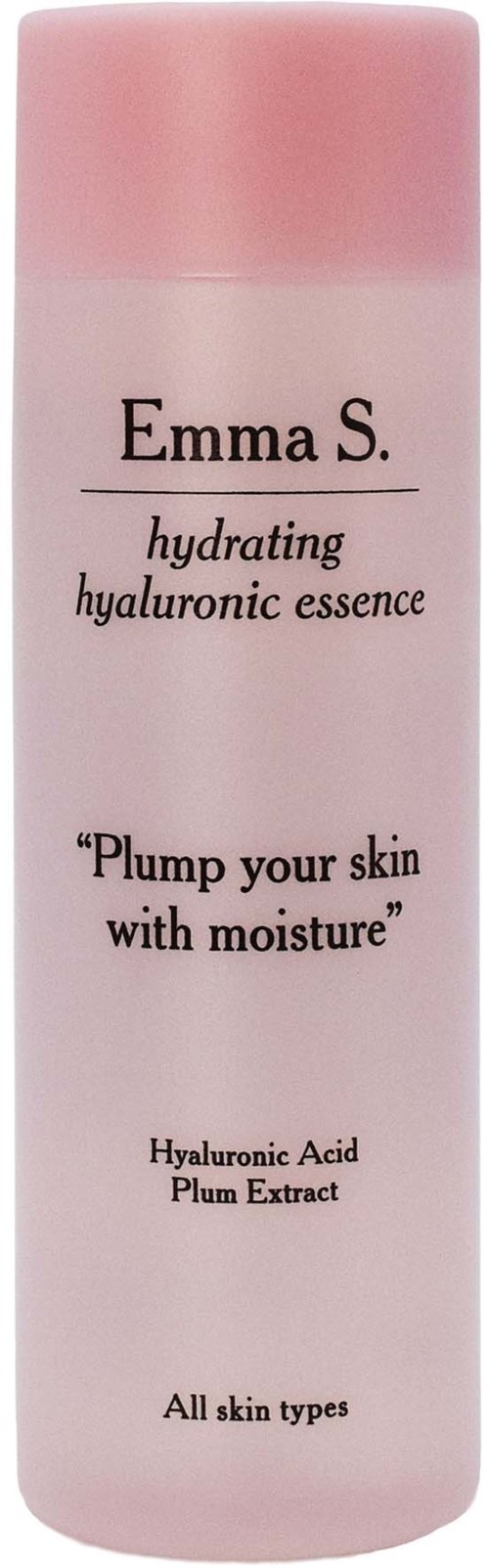 A pink bottle labeled Emma S., hydrating hyaluronic essence, for all skin types, with plump skin promise.