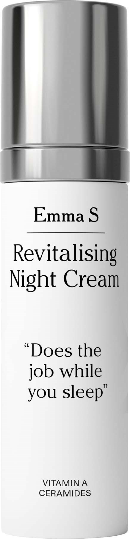 Revitalising night cream in a white bottle with silver cap, labeled Emma S with a quote and skincare ingredients.