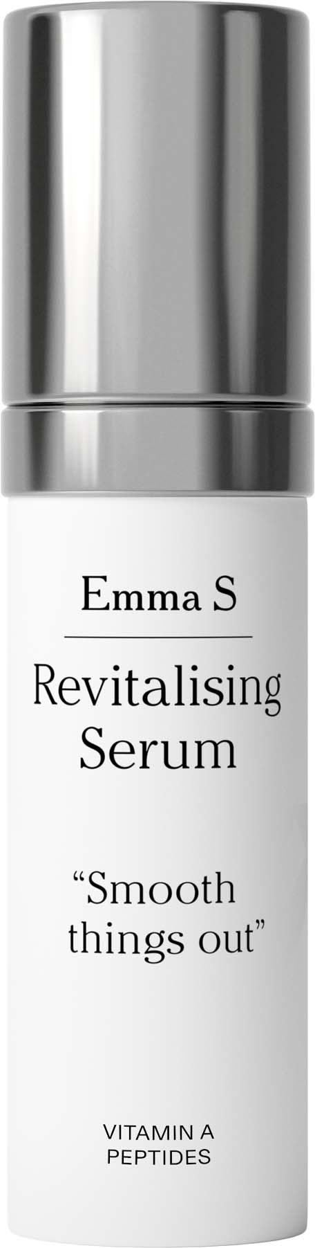 A white skincare bottle with a silver cap, labeled Emma S Revitalising Serum with vitamin A and peptides.