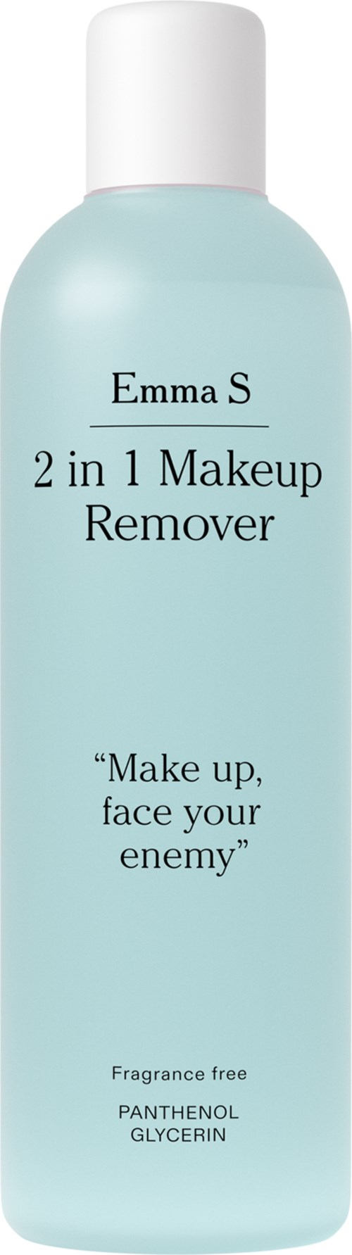 A tall, light blue bottle with white cap, labeled for makeup remover, fragrance free, with ingredients like glycerin.