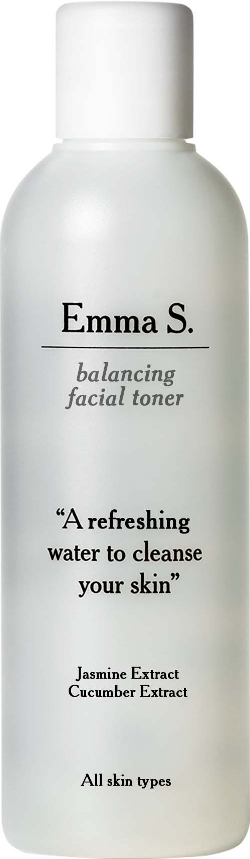 A white bottle labeled Emma S. balancing facial toner with jasmine and cucumber extracts for all skin types.