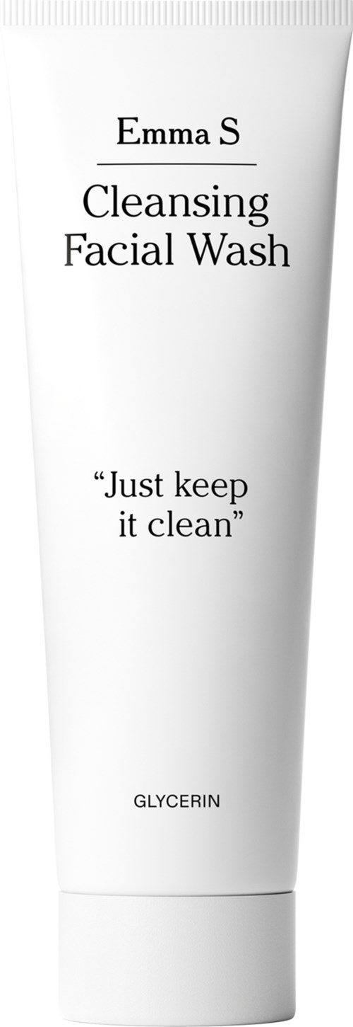 A white tube labeled Emma S Cleansing Facial Wash with a slogan 'Just keep it clean' and containing glycerin.