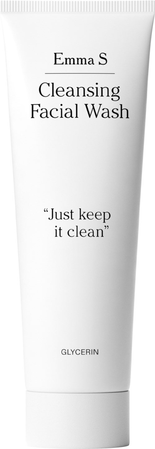 A white tube labeled Emma S Cleansing Facial Wash with a quote and glycerin ingredient.