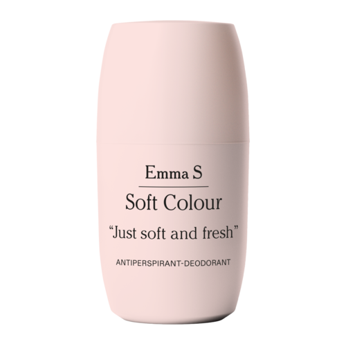 A white roll-on deodorant container with black text saying Emma S Soft Colour and Just soft and fresh.