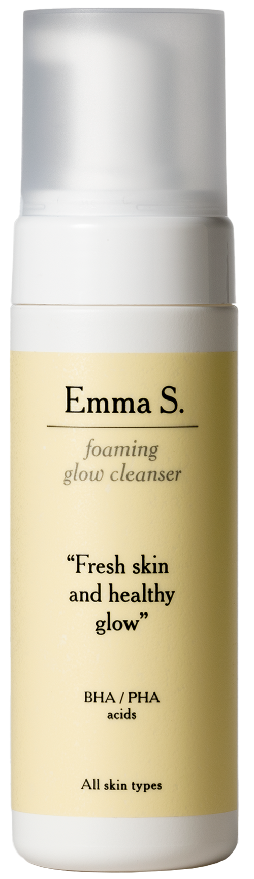 En vit flaska med en gul etikett, visar märket Emma S. och produktdetaljer för en skummande glow-rengöring.