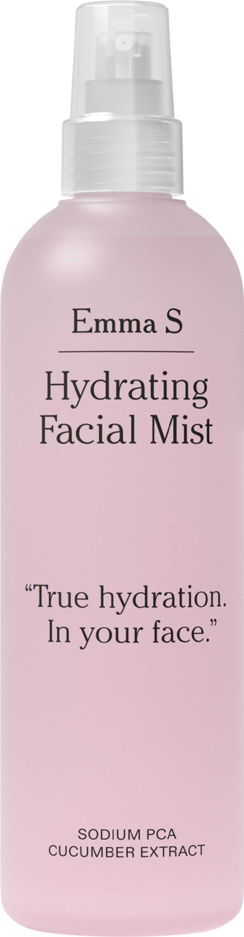 En rosa flaska med Emma S Hydrating Facial Mist med vit spraykopp, etiketten visar produktnamn och ingredienser.