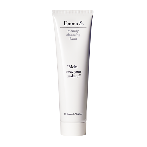 A white tube labeled Emma S. melting cleansing balm with a quote about melting away makeup.