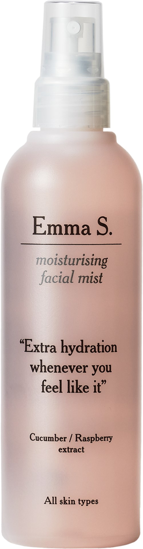 Pink bottle with pump. Emma S. moisturizing facial mist for all skin types. Contains cucumber and raspberry extract.