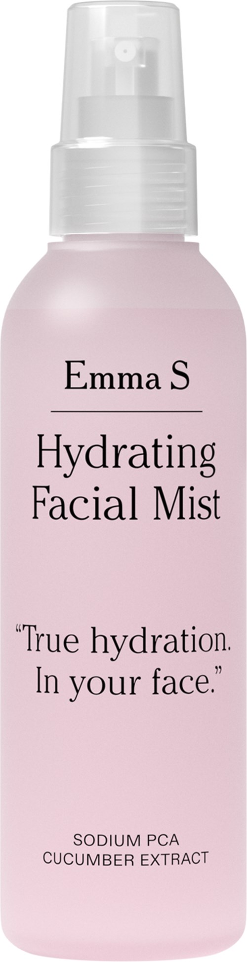 A light pink facial mist spray bottle labeled Emma S Hydrating Facial Mist with cucumber extract.