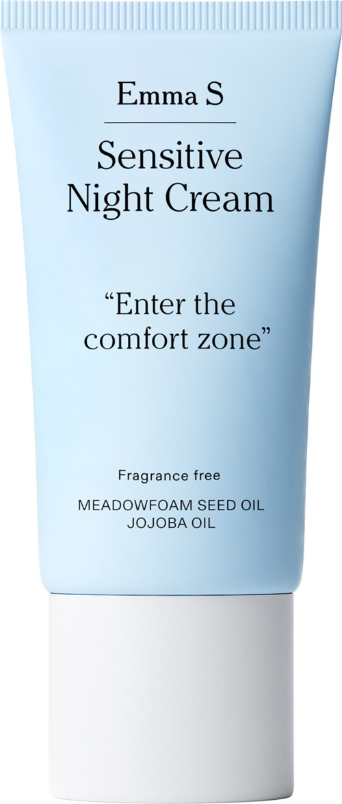 A light blue tube of Emma S Sensitive Night Cream with white cap, containing meadowfoam seed oil and jojoba oil.