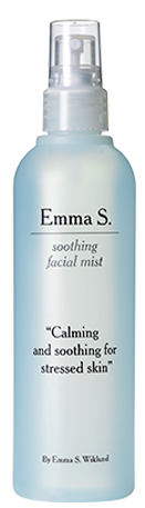 A light blue bottle labeled Emma S. soothing facial mist, calming for stressed skin, with a spray top.