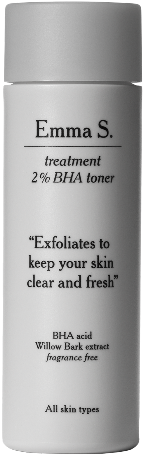 A white bottle with black text for Emma S. BHA toner, exfoliates skin, contains willow bark extract, fragrance-free.