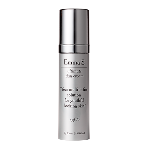 A silver bottle labeled Emma S. ultimate day cream with SPF 15 and a pump dispenser.