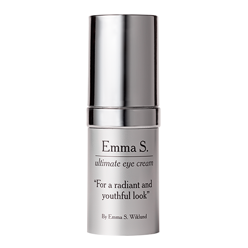 A small white bottle with a silver cap titled Emma S. ultimate eye cream, with a quote about a radiant look.